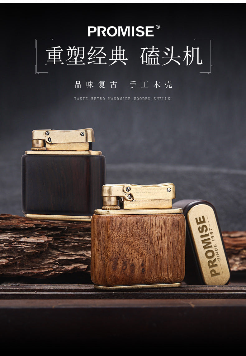 Creative press type kerosene lighter pure copper old-fashioned retro personalized solid wood arm covering kowtow machine nostalgic grinding wheel