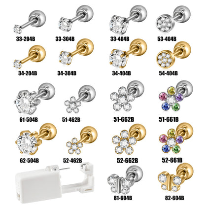 跨境不锈钢一次性耳洞打耳器耳钉花朵蝴蝶锆石头部球座一次打耳枪