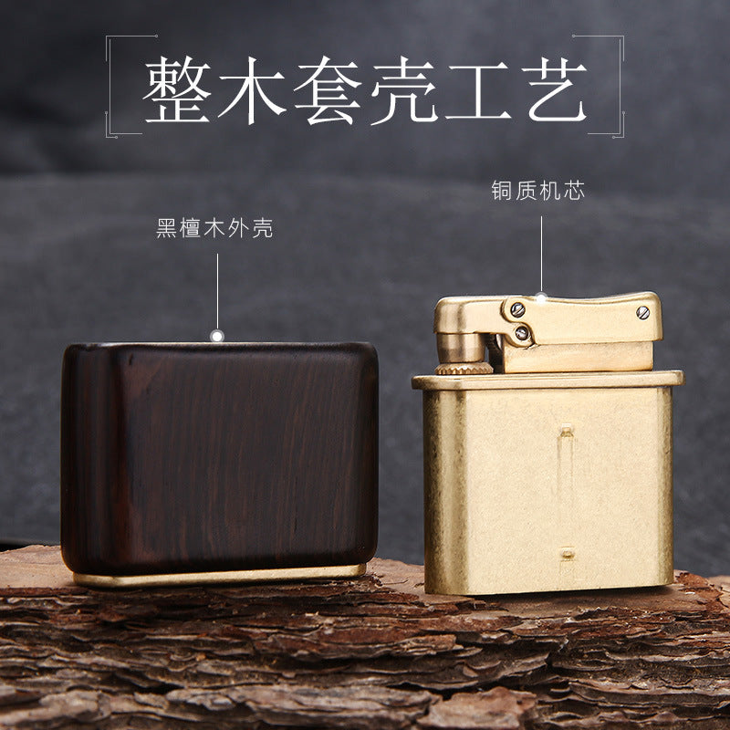 Creative press type kerosene lighter pure copper old-fashioned retro personalized solid wood arm covering kowtow machine nostalgic grinding wheel
