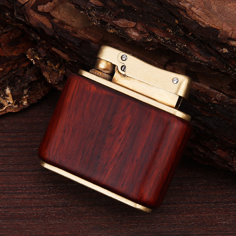 Creative press type kerosene lighter pure copper old-fashioned retro personalized solid wood arm covering kowtow machine nostalgic grinding wheel