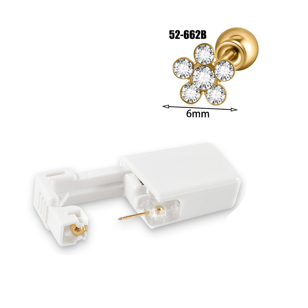 跨境不锈钢一次性耳洞打耳器耳钉花朵蝴蝶锆石头部球座一次打耳枪