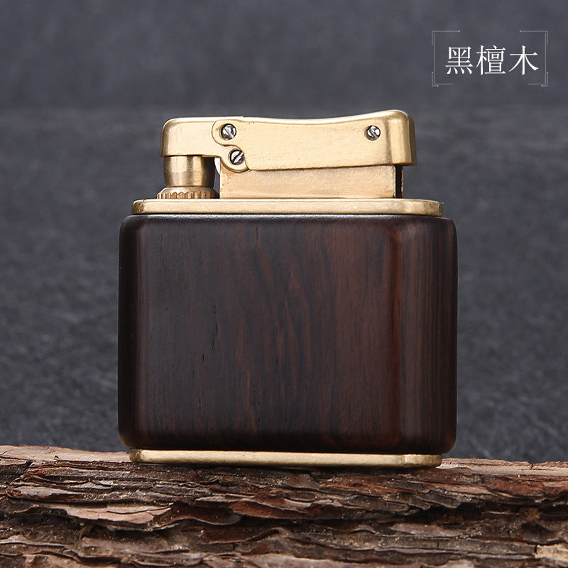 Creative press type kerosene lighter pure copper old-fashioned retro personalized solid wood arm covering kowtow machine nostalgic grinding wheel