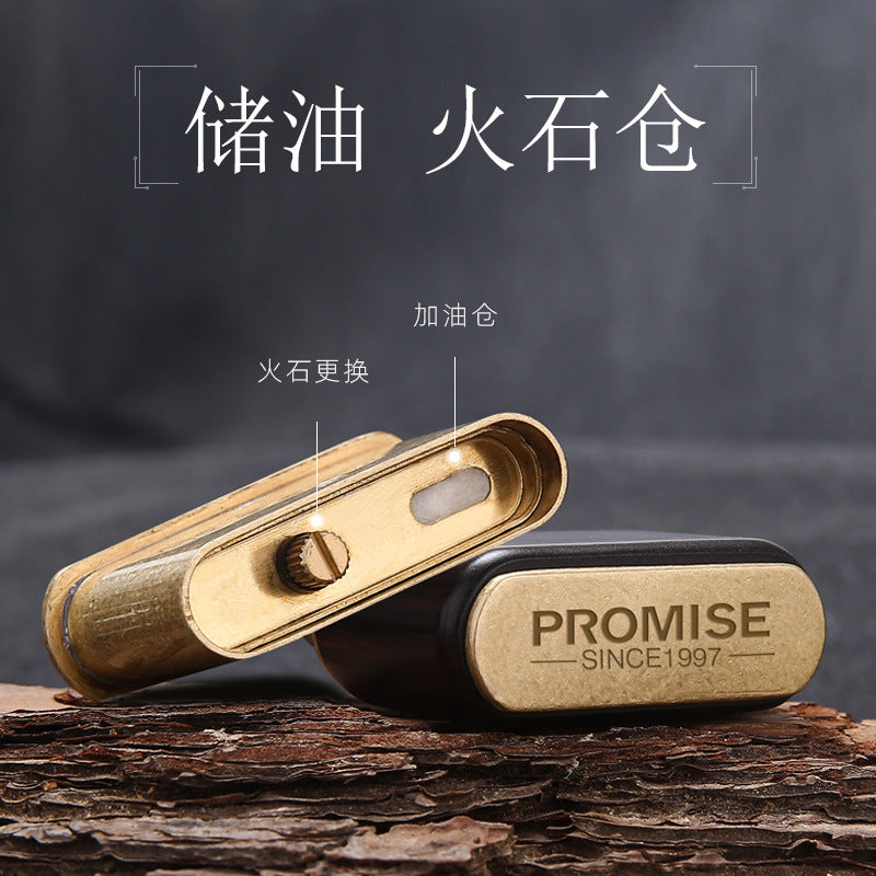 Creative press type kerosene lighter pure copper old-fashioned retro personalized solid wood arm covering kowtow machine nostalgic grinding wheel