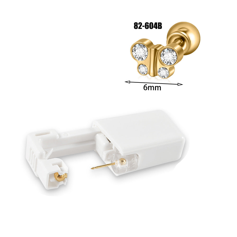 跨境不锈钢一次性耳洞打耳器耳钉花朵蝴蝶锆石头部球座一次打耳枪