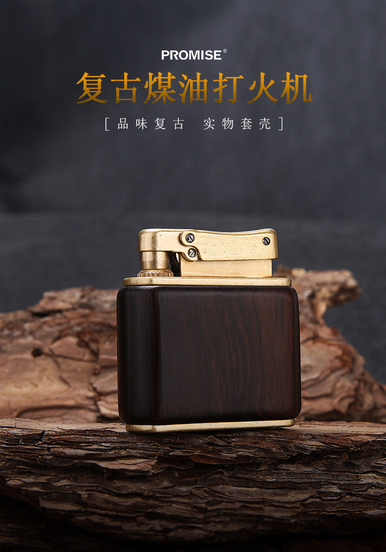 Creative press type kerosene lighter pure copper old-fashioned retro personalized solid wood arm covering kowtow machine nostalgic grinding wheel