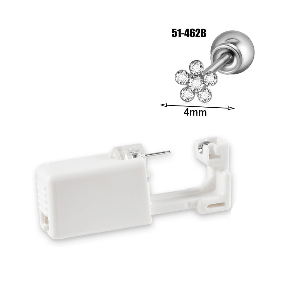 跨境不锈钢一次性耳洞打耳器耳钉花朵蝴蝶锆石头部球座一次打耳枪